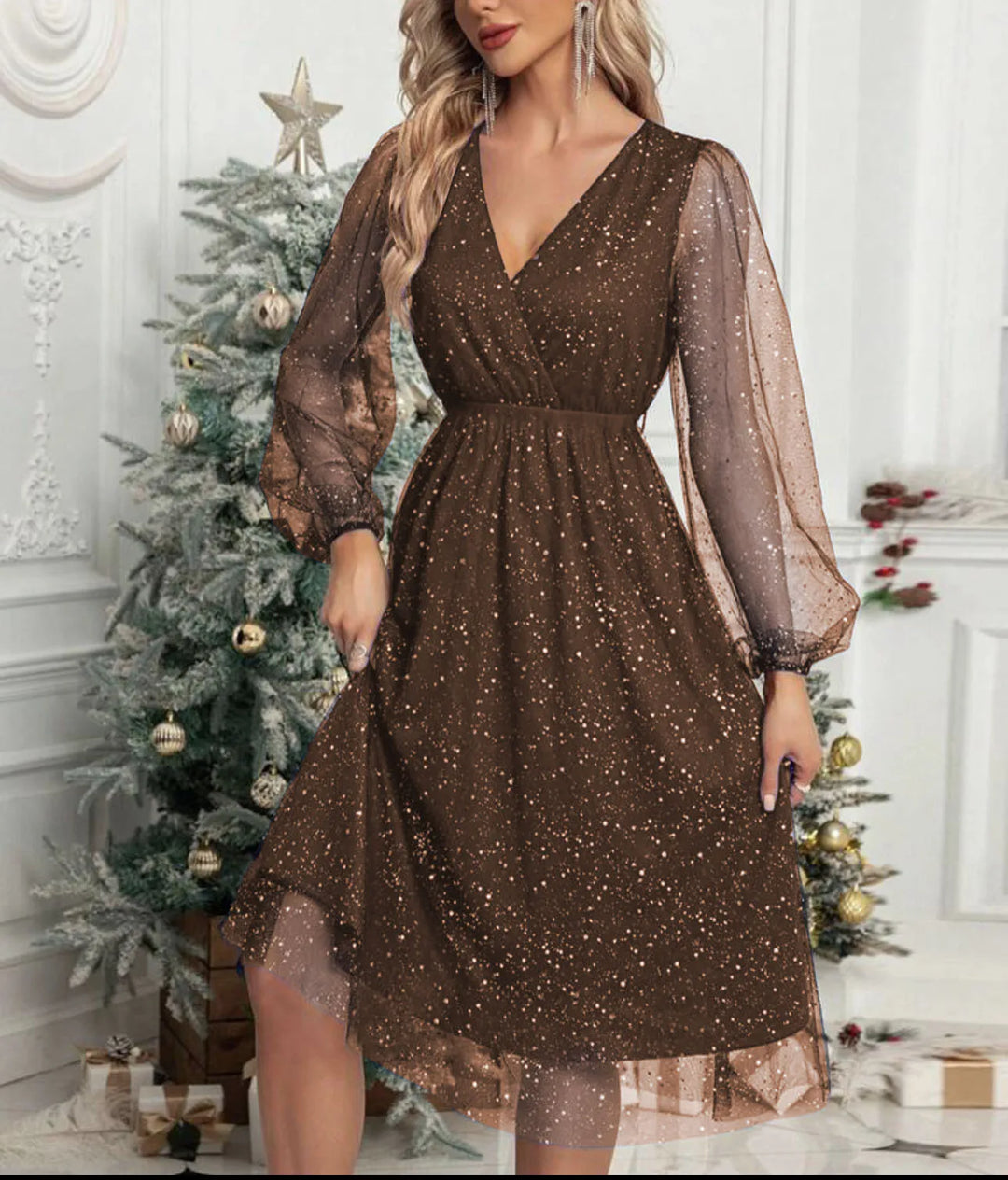 Mae Harper™ | Sparkling Mesh-Sleeve V-Neck Evening Dress